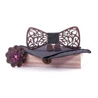 Set de fluture din lemn, batista, butoni de manșetă și broșă - Mahon, frunză sculptată