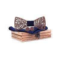 Set fluture din lemn, batistă și butoni - Ramuri sculptate