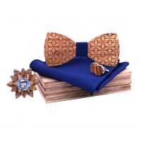Set papion din lemn, batista și butoni - 3D, albastru