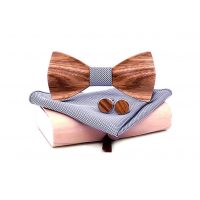 Set fluture din lemn, butoni și batistă - Deschis, 3D cu centru gri argintiu