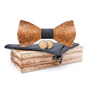 Set fluture din lemn, butoni și batistă - Motiv vegetal, gri și negru