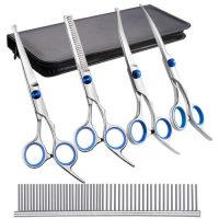 Set profesional mare de foarfece pentru îngrijirea blănii animalelor - Argintie, albastră