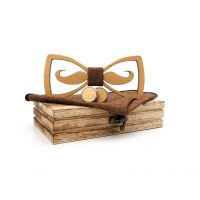 Set de fluturi din lemn, batista si butoni - Cravata deschisă, căprui