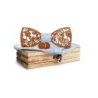 Set de fluturi din lemn, batista si butoni - Floare inchisa, denim deschis