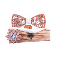 Set de fluture din lemn, batista, butoni și broșa - Frunze sculptate, alb