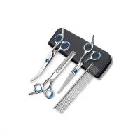 Set profesional de foarfece pentru îngrijirea blăniei animalelor - Argintie, Albastră