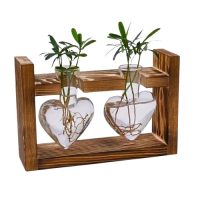Vază de sticlă cu cadru din lemn, formă inimă pentru hidroponie - 2 vaze