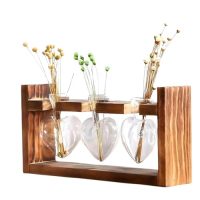 Vază de sticlă cu cadru din lemn, formă inimă pentru hidroponie - 3 vaze