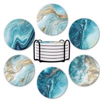 Coastere ceramice cu suport – Marmură albastră, 6 bucăți