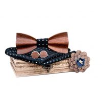 Set papion din lemn, butoni, batistă și broșă - 3D, stil întunecat