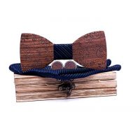 Set papion din lemn, butoni și batistă - Ornament floral întunecat