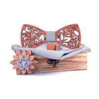 Set papion din lemn, batistă, broșă și butoni - Frunze sculptate, argintiu