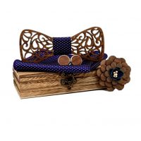 Set din lemn cu flutură, batistă, butoni și insignă - Frunză sculptată, închis