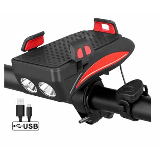 Foto - Lampa de bicicletă 4 în 1 2000 mAh cu suport pentru telefon - Roșu