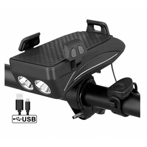 Foto - Lumină pentru bicicletă 4 în 1 4000 mAh cu suport pentru telefon - Neagră