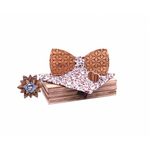 Foto - Set din lemn de flutur, butoni de manșetă și batistă - Model floral tridimensional