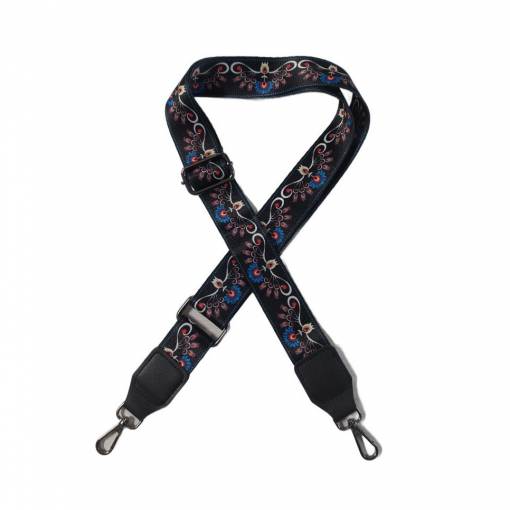 Foto - Curea de schimb pentru geantă - Dungată neagră cu flori, cataramă gri închis + piele