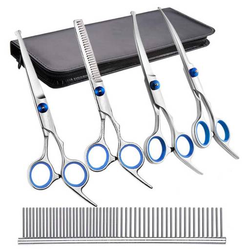 Foto - Set profesional mare de foarfece pentru îngrijirea blănii animalelor - Argintie, albastră