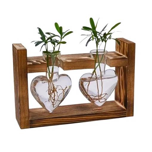 Foto - Vază de sticlă cu cadru din lemn, formă inimă pentru hidroponie - 2 vaze
