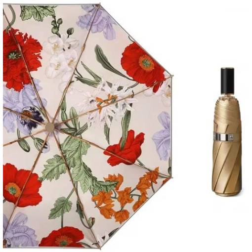 Foto - Umbrelă din titan cu două straturi cu protecție UV - Auriu cu flori roșii