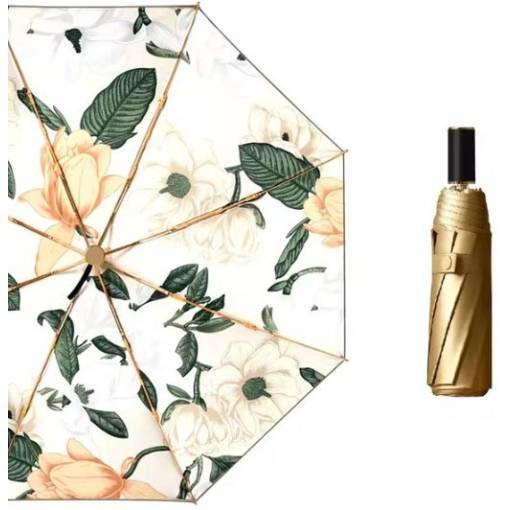 Foto - Umbrelă din titan cu două straturi cu protecție UV - Auriu cu flori bej