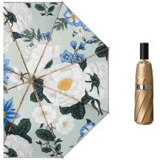 Foto - Umbrelă din titan cu două straturi cu protecție UV - Auriu cu flori albe