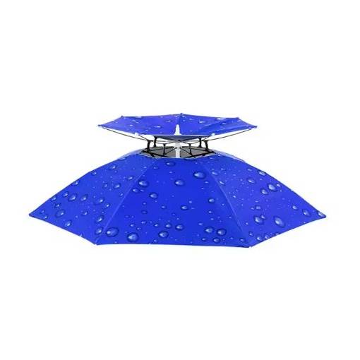 Foto - <b>Umbrela impermeabilă unisex cu prindere pe cap - Albastră cu model</b>