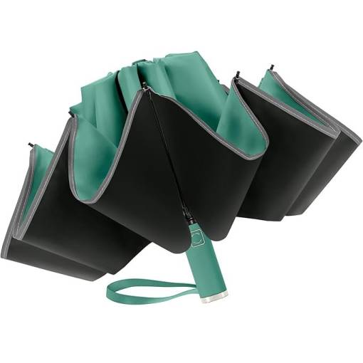Foto - Umbrela automată unisex cu deschidere inversă cu bandă reflectorizantă - Verde