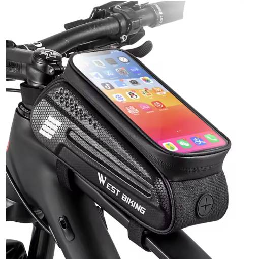 Foto - Geantă impermeabilă pentru cadru cu buzunar pentru mobil - neagră, 1,5 litri