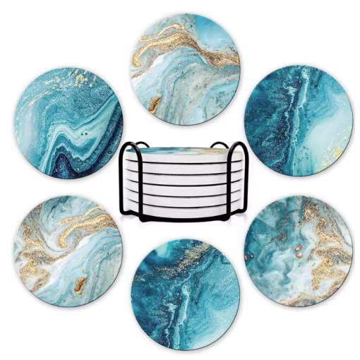Foto - Coastere ceramice cu suport – Marmură albastră, 6 bucăți