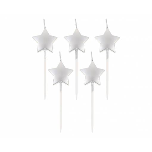 Foto - Lumânări de tort Stele - Argintii, 5 buc
