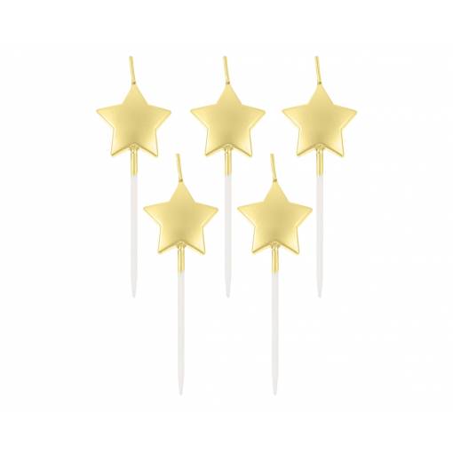 Foto - Lumânări de tort Stele - Aurii, 5 buc